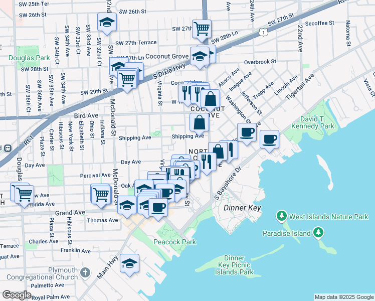 map of restaurants, bars, coffee shops, grocery stores, and more near 3159 Mary Street in Miami