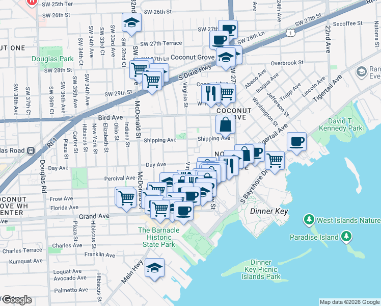 map of restaurants, bars, coffee shops, grocery stores, and more near in Doral
