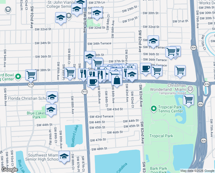 map of restaurants, bars, coffee shops, grocery stores, and more near 8455 Southwest 41st Street in Miami