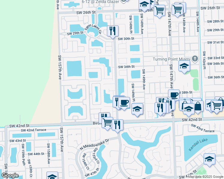 map of restaurants, bars, coffee shops, grocery stores, and more near 15257 Southwest 37th Terrace in Miami