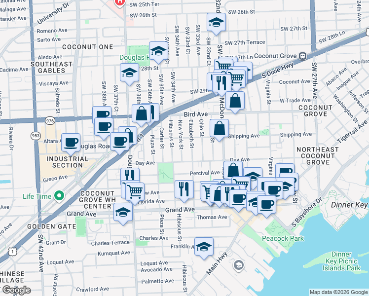 map of restaurants, bars, coffee shops, grocery stores, and more near 3147 New York Street in Miami