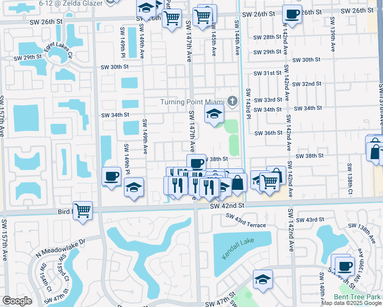 map of restaurants, bars, coffee shops, grocery stores, and more near 14704 Southwest 37th Street in Miami