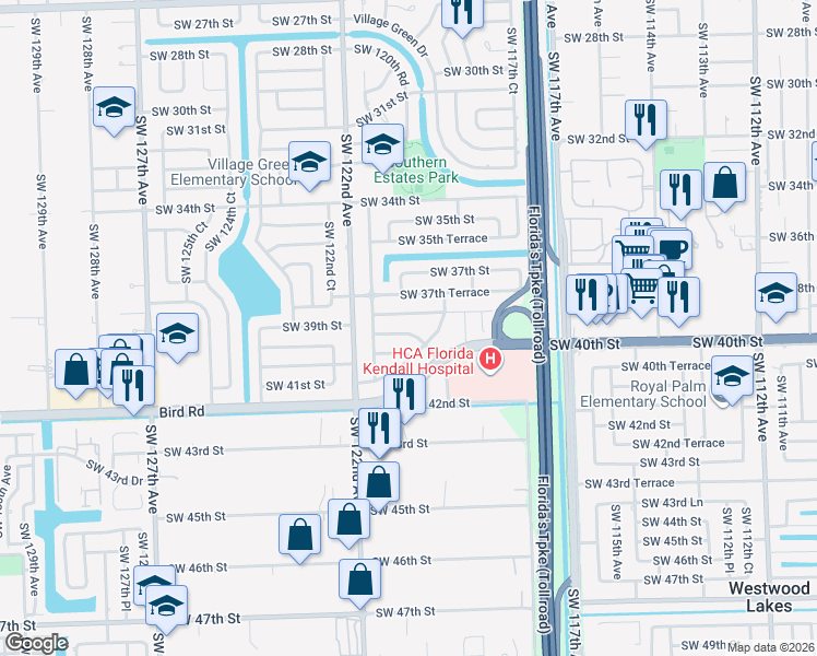 map of restaurants, bars, coffee shops, grocery stores, and more near 11959 Southwest 39th Terrace in Miami