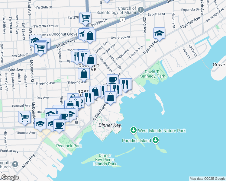 map of restaurants, bars, coffee shops, grocery stores, and more near 2627 South Bayshore Drive in Miami