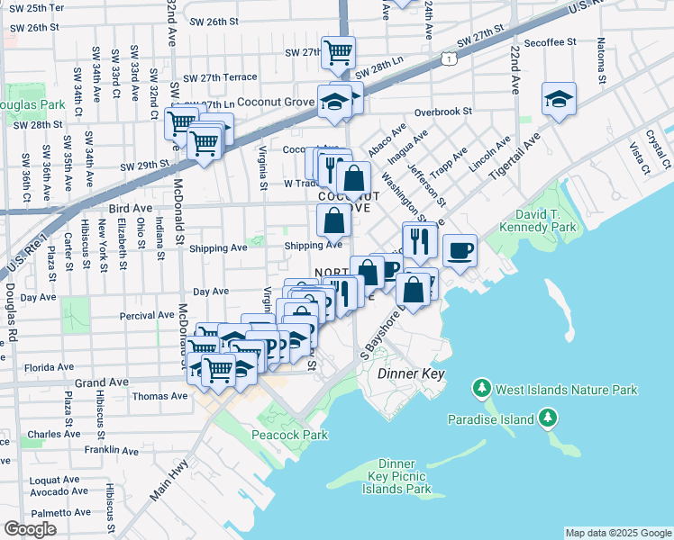 map of restaurants, bars, coffee shops, grocery stores, and more near in Miami