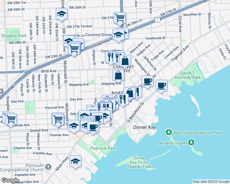 map of restaurants, bars, coffee shops, grocery stores, and more near 3159 Mary Street in Miami