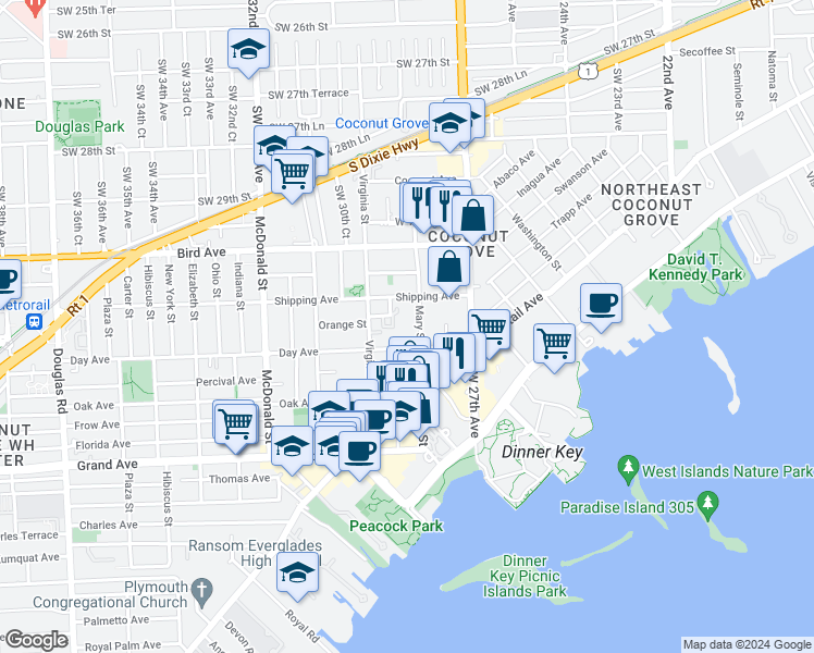 map of restaurants, bars, coffee shops, grocery stores, and more near 3159 Mary Street in Miami