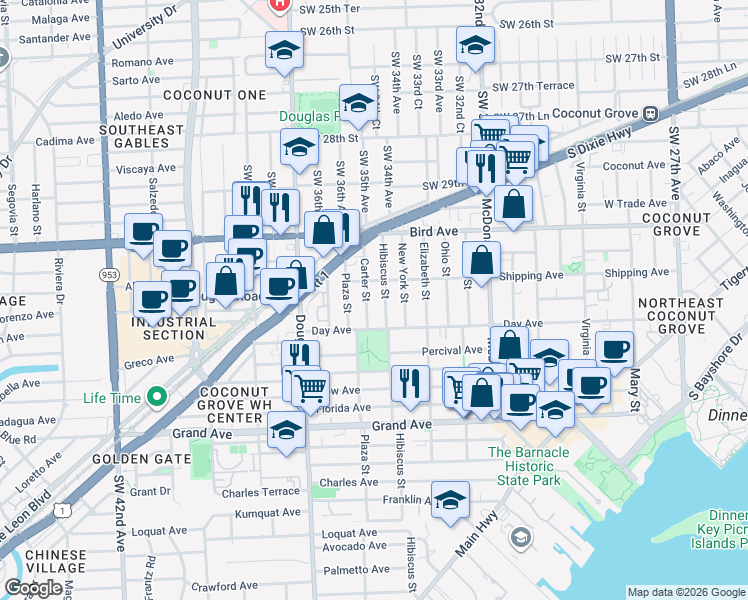 map of restaurants, bars, coffee shops, grocery stores, and more near 3139 Hibiscus Street in Miami
