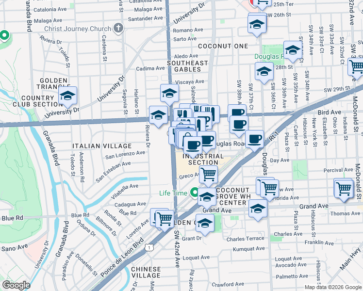 map of restaurants, bars, coffee shops, grocery stores, and more near 4250 Salzedo Street in Coral Gables