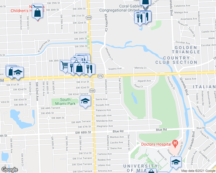 map of restaurants, bars, coffee shops, grocery stores, and more near 4110 Alhambra Circle in Coral Gables