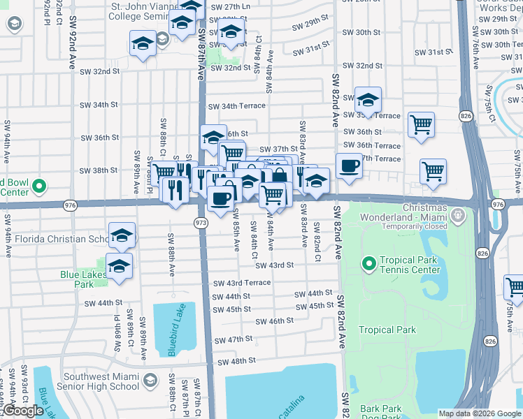 map of restaurants, bars, coffee shops, grocery stores, and more near 8455 Southwest 41st Street in Miami