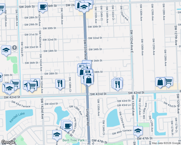 map of restaurants, bars, coffee shops, grocery stores, and more near 13655 Southwest 42nd Street in Miami