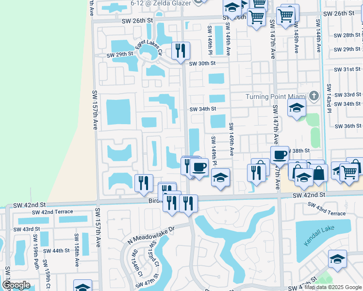 map of restaurants, bars, coffee shops, grocery stores, and more near 15257 Southwest 37th Terrace in Miami