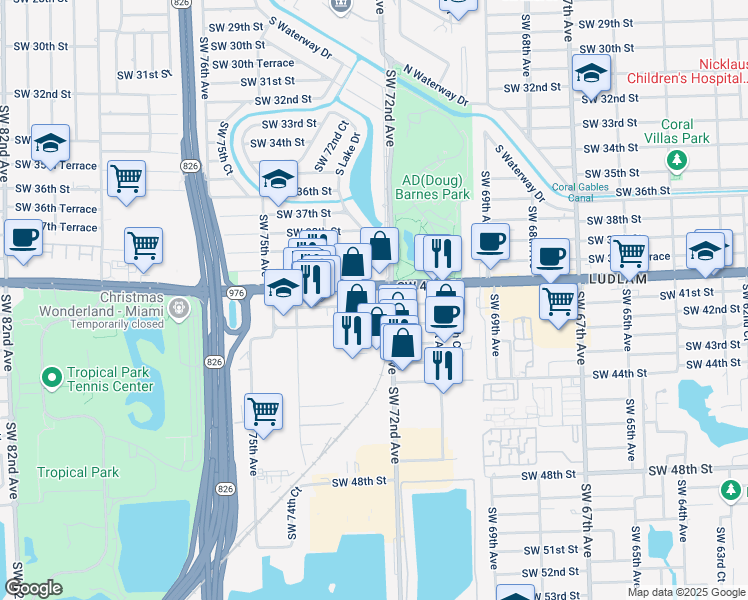 map of restaurants, bars, coffee shops, grocery stores, and more near 7240 Southwest 40th Street in Miami