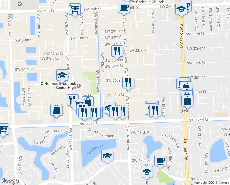 map of restaurants, bars, coffee shops, grocery stores, and more near 14281 Southwest 38th Street in Miami
