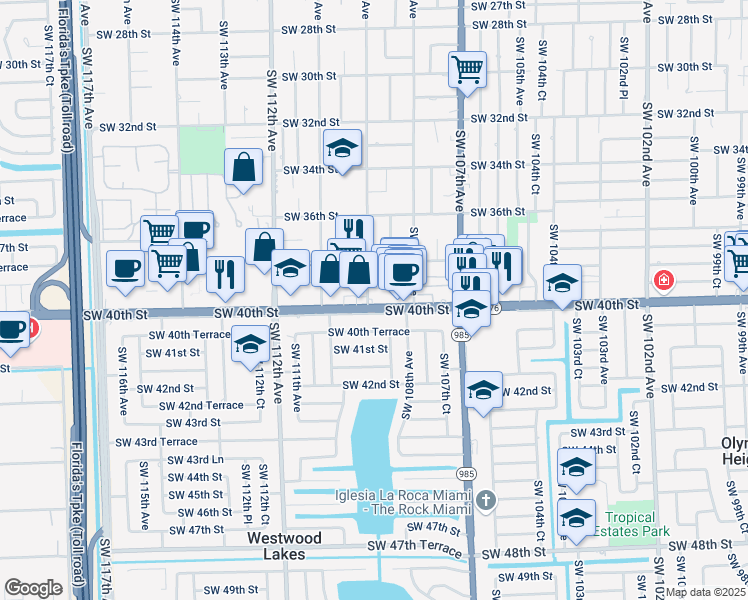 map of restaurants, bars, coffee shops, grocery stores, and more near 10895 SW 40th St in Miami