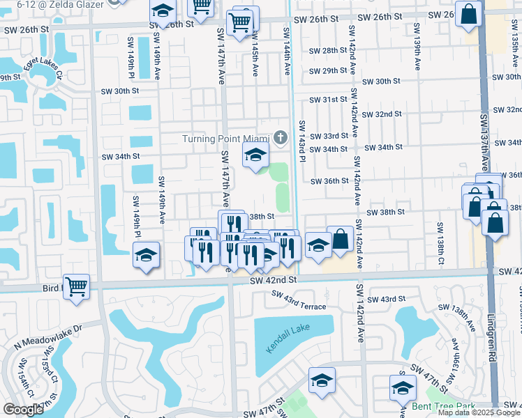 map of restaurants, bars, coffee shops, grocery stores, and more near 3601 Southwest 147th Avenue in Miami