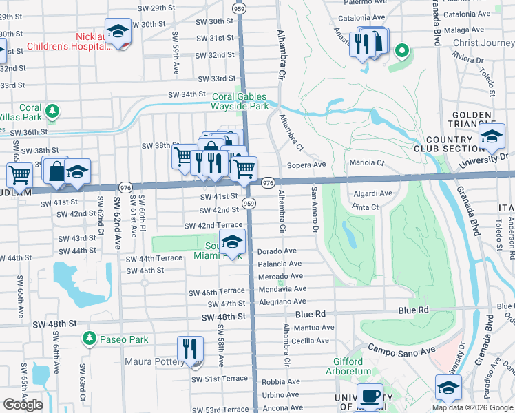 map of restaurants, bars, coffee shops, grocery stores, and more near 1535 Cantoria Avenue in Coral Gables