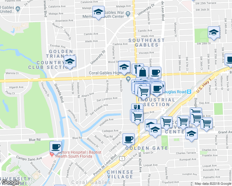map of restaurants, bars, coffee shops, grocery stores, and more near 518 Altara Avenue in Coral Gables