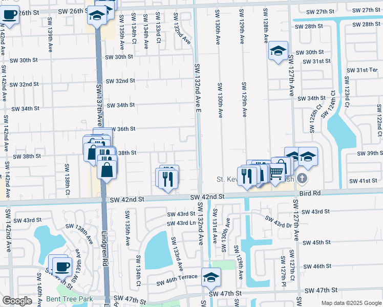 map of restaurants, bars, coffee shops, grocery stores, and more near 13283 Southwest 39th Street in Miami