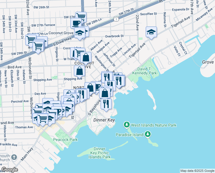 map of restaurants, bars, coffee shops, grocery stores, and more near 2601 South Bayshore Drive in Miami