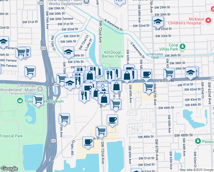 map of restaurants, bars, coffee shops, grocery stores, and more near 7155 Southwest 41st Street in Miami
