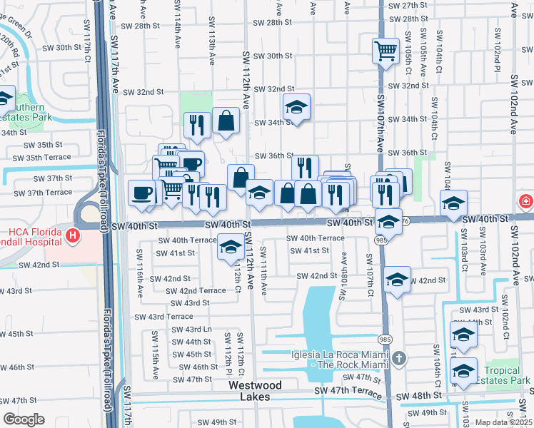 map of restaurants, bars, coffee shops, grocery stores, and more near 11035 Bird Road in Miami