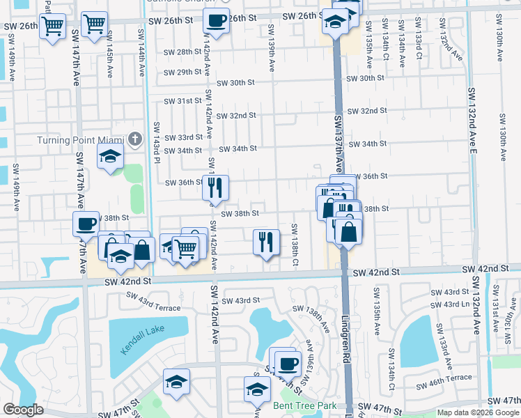 map of restaurants, bars, coffee shops, grocery stores, and more near 3790 Southwest 139th Court in Miami