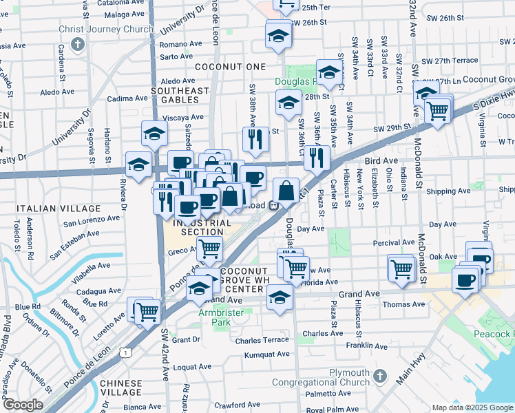 map of restaurants, bars, coffee shops, grocery stores, and more near 3150 Southwest 38th Avenue in Miami