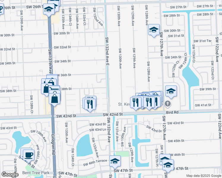 map of restaurants, bars, coffee shops, grocery stores, and more near 3825 Southwest 132nd Avenue East in Miami