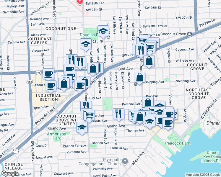 map of restaurants, bars, coffee shops, grocery stores, and more near 3139 Hibiscus Street in Miami