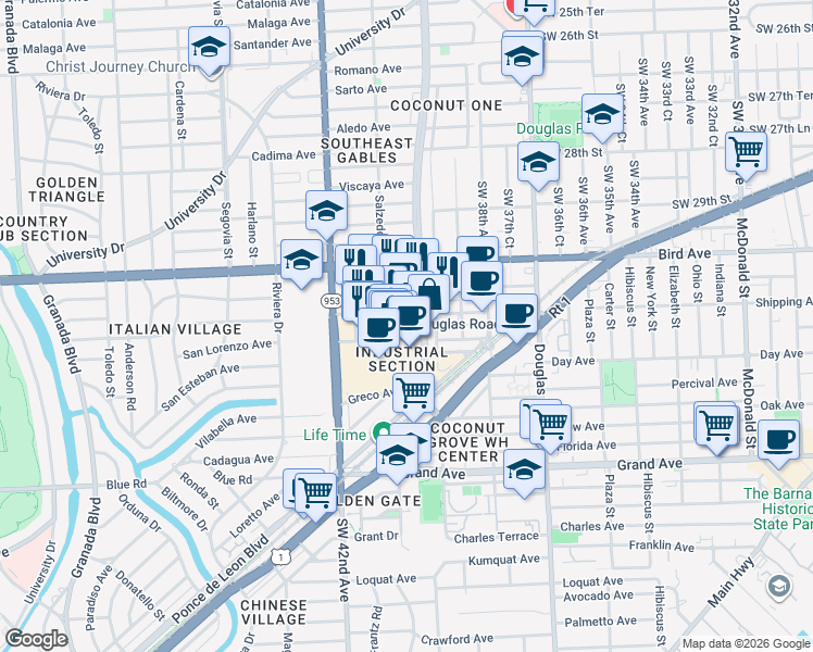 map of restaurants, bars, coffee shops, grocery stores, and more near 4214 Ponce de Leon in Coral Gables