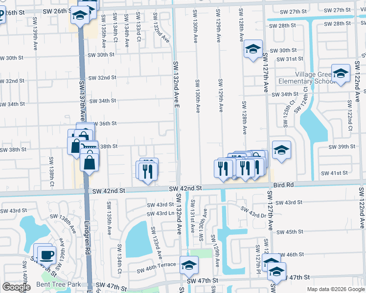 map of restaurants, bars, coffee shops, grocery stores, and more near 3825 Southwest 132nd Avenue East in Miami