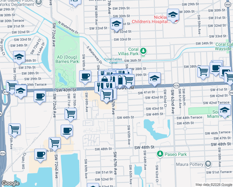 map of restaurants, bars, coffee shops, grocery stores, and more near 6625 Southwest 41st Street in Miami