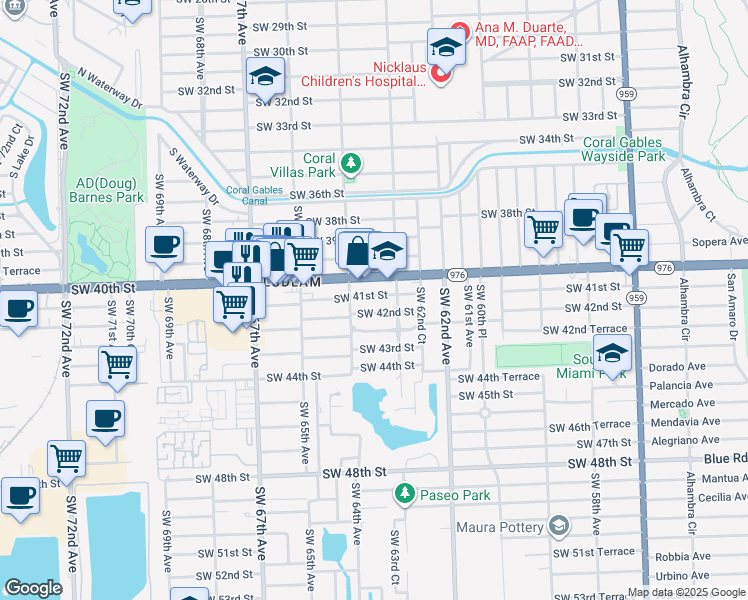 map of restaurants, bars, coffee shops, grocery stores, and more near 6346 Southwest 41st Street in Miami