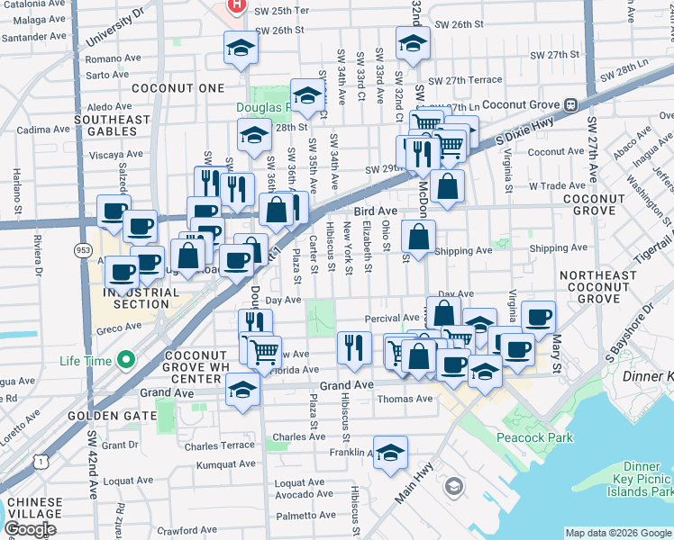 map of restaurants, bars, coffee shops, grocery stores, and more near 3133 Hibiscus Street in Miami