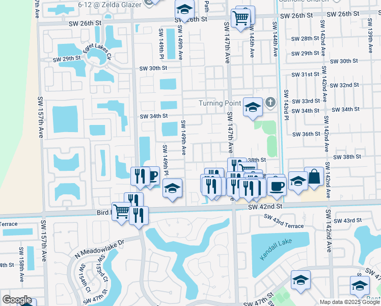 map of restaurants, bars, coffee shops, grocery stores, and more near 3716 Southwest 148th Place in Miami