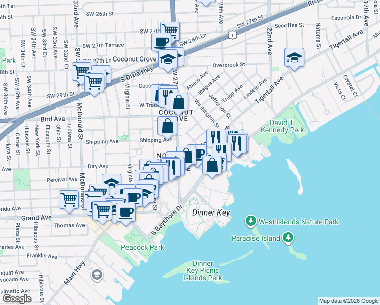map of restaurants, bars, coffee shops, grocery stores, and more near 2663 Tigertail Avenue in Miami