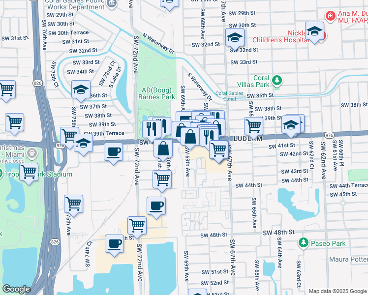map of restaurants, bars, coffee shops, grocery stores, and more near 6900 Bird Road in Miami