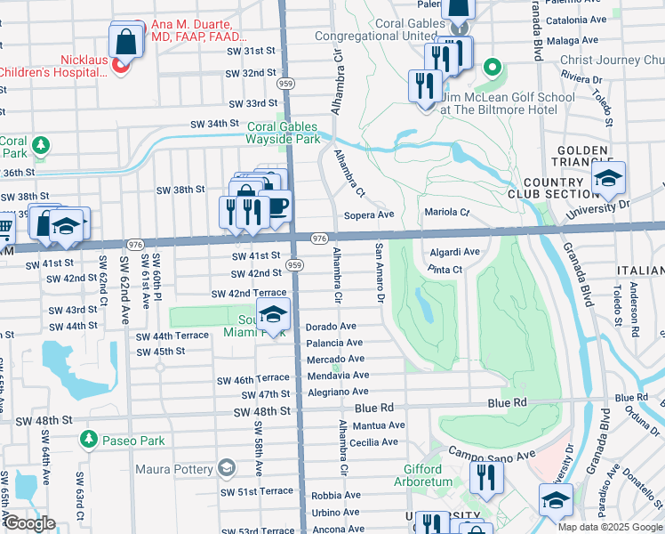 map of restaurants, bars, coffee shops, grocery stores, and more near 4110 Alhambra Circle in Coral Gables