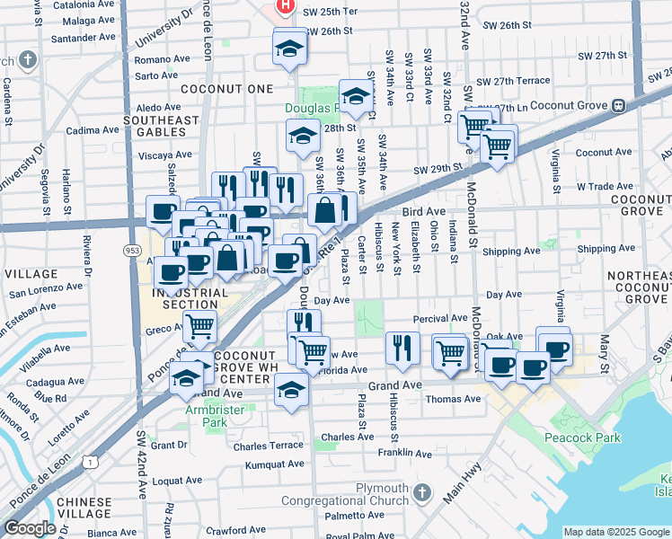 map of restaurants, bars, coffee shops, grocery stores, and more near 3150 Mundy Street in Miami