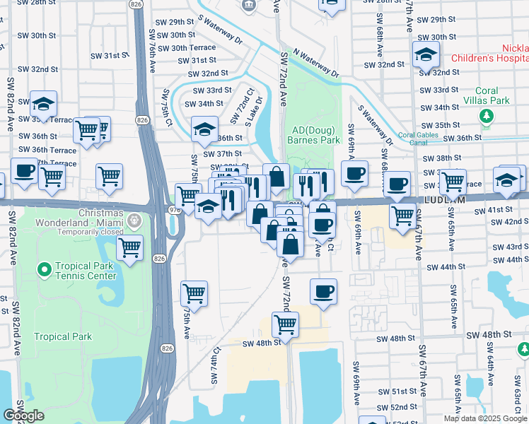 map of restaurants, bars, coffee shops, grocery stores, and more near 7240 Southwest 40th Street in Miami