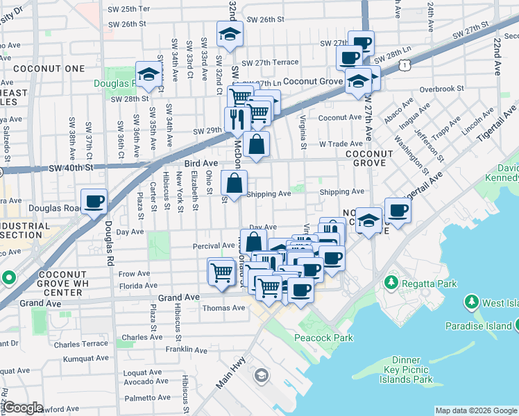 map of restaurants, bars, coffee shops, grocery stores, and more near 3162 Matilda Street in Miami