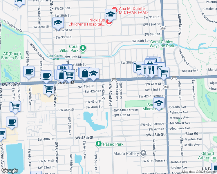 map of restaurants, bars, coffee shops, grocery stores, and more near 4124 Southwest 62nd Avenue in Miami