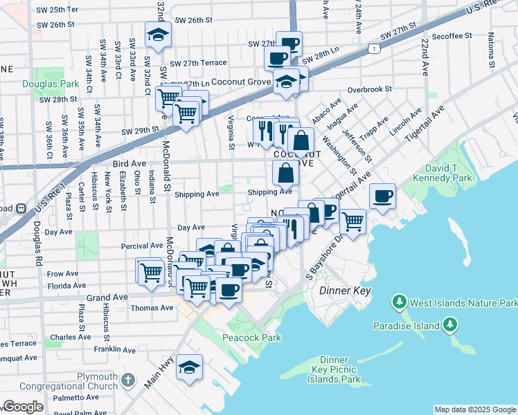 map of restaurants, bars, coffee shops, grocery stores, and more near 3159 Mary Street in Miami