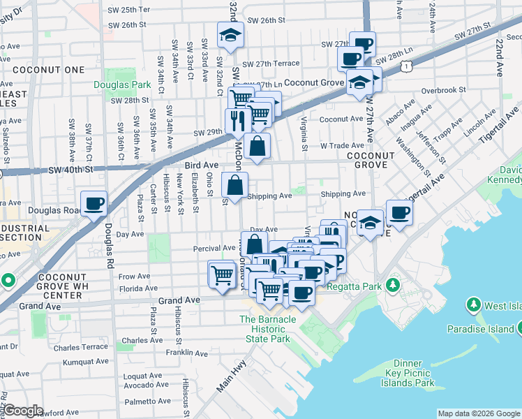 map of restaurants, bars, coffee shops, grocery stores, and more near 3162 Matilda Street in Miami