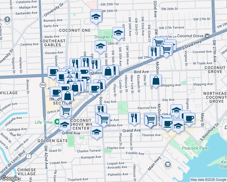 map of restaurants, bars, coffee shops, grocery stores, and more near 3145 Plaza Street in Miami