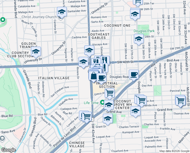 map of restaurants, bars, coffee shops, grocery stores, and more near 4231 South Le Jeune Road in Coral Gables