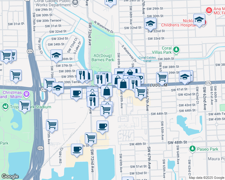 map of restaurants, bars, coffee shops, grocery stores, and more near 4101 Southwest 71st Avenue in Miami