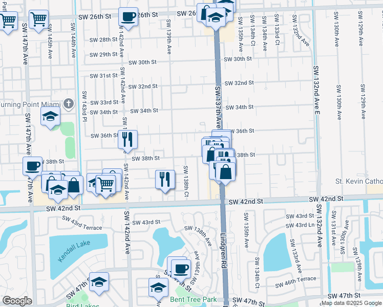 map of restaurants, bars, coffee shops, grocery stores, and more near 13800 Southwest 38th Street in Miami